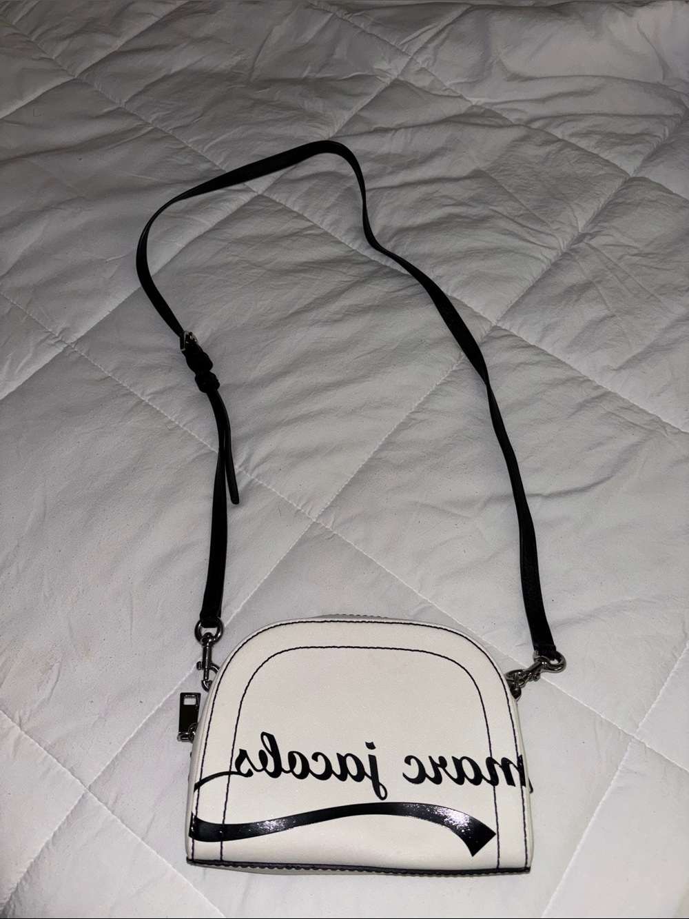 Marc Jacobs White Crossbody Bag with Black Script and Strap